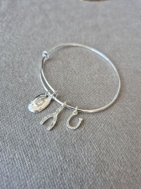 Sterling Silver Charm Bangle Bracelet with Horseshoe and Initial Charms